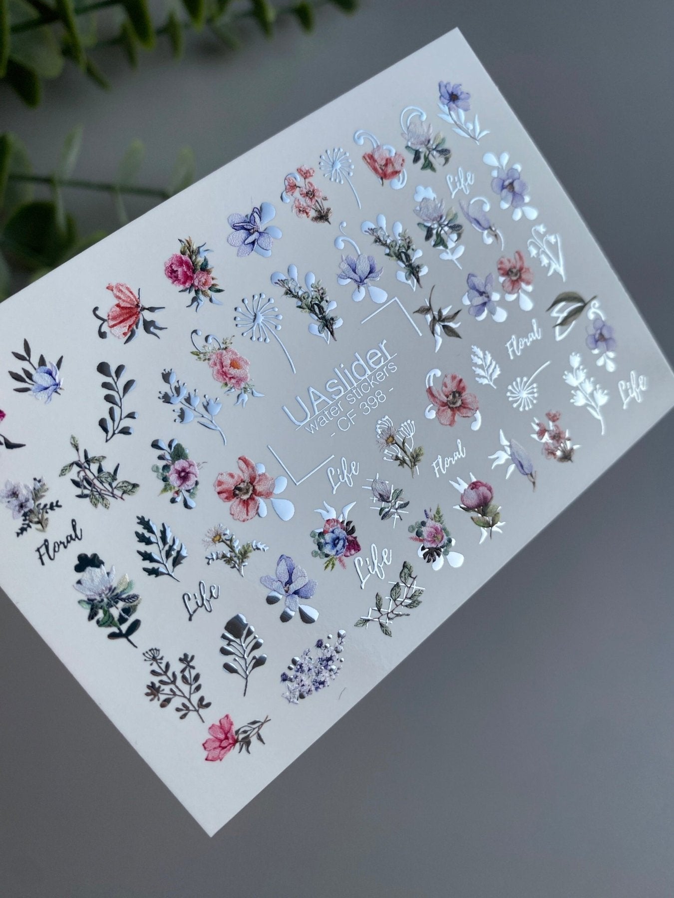 Nail Water Decal CF-398 | Colorful Floral Water Slide Nail Decals | Botanical Flowers and Lettering - UASLIDER