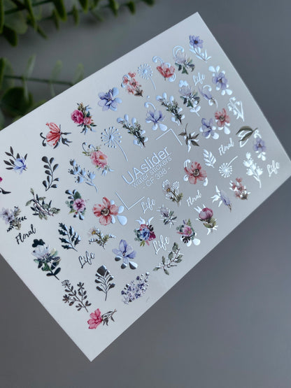 Nail Water Decal CF-398 | Colorful Floral Water Slide Nail Decals | Botanical Flowers and Lettering