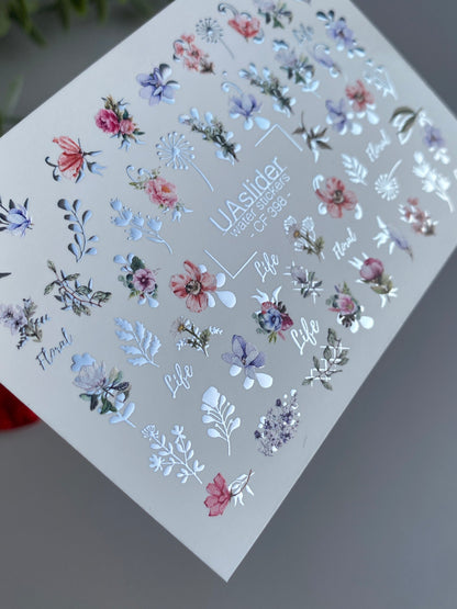 Nail Water Decal CF-398 | Colorful Floral Water Slide Nail Decals | Botanical Flowers and Lettering