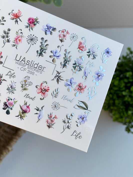 Nail Water Decal CF-398 | Colorful Floral Water Slide Nail Decals | Botanical Flowers and Lettering