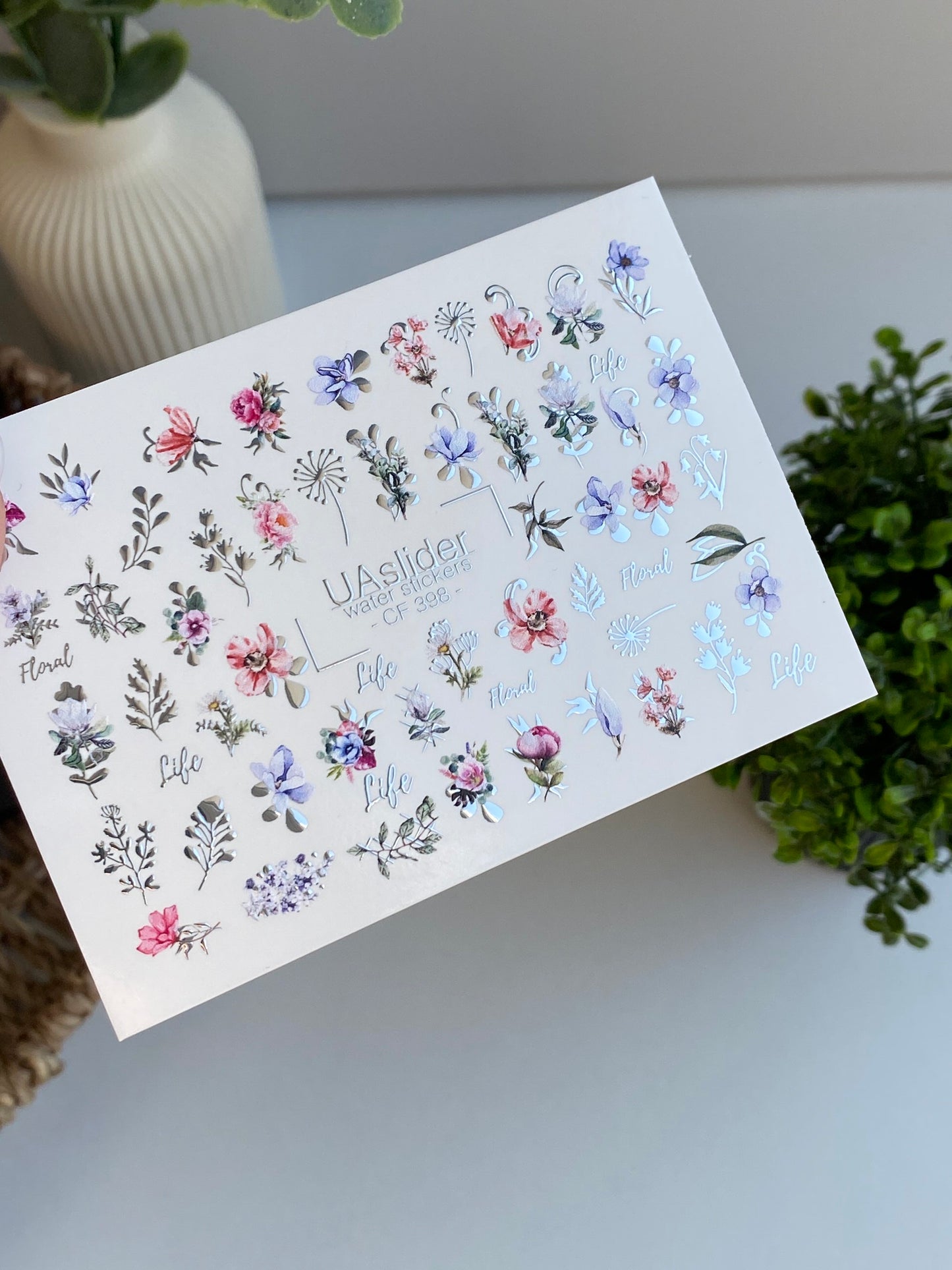 Nail Water Decal CF-398 | Colorful Floral Water Slide Nail Decals | Botanical Flowers and Lettering