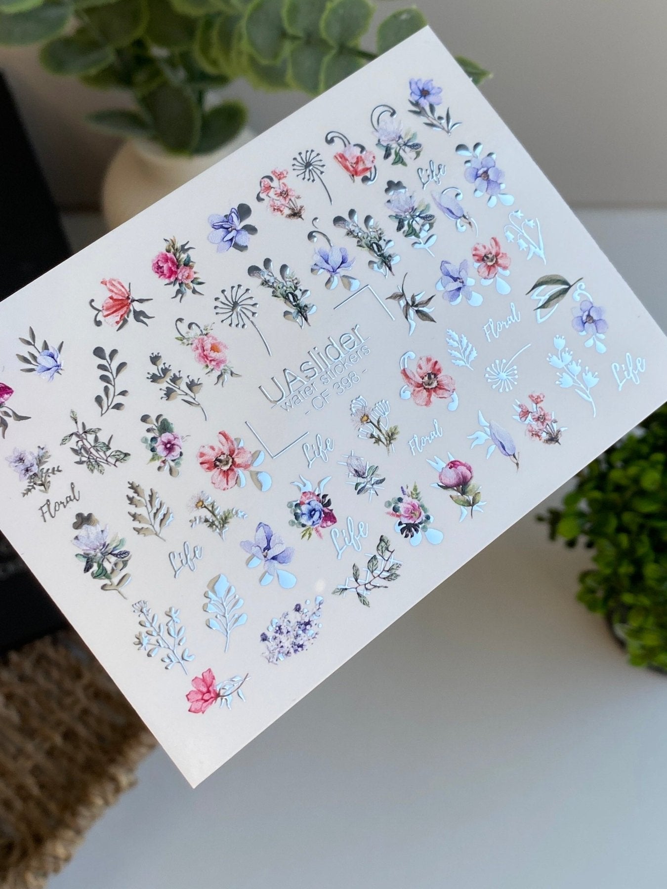 Nail Water Decal CF-398 | Colorful Floral Water Slide Nail Decals | Botanical Flowers and Lettering - UASLIDER