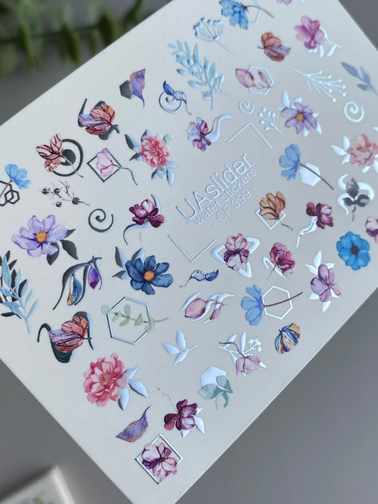 Nail Water Decal CF-399 | Geometric Floral Water Slide Nail Decals | Flowers with Modern Shapes