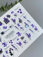 Nail Water Decal CF-400 | Lavender Water Slide Nail Decals | Purple Flowers with Geometric Accents and Lettering - UASLIDER