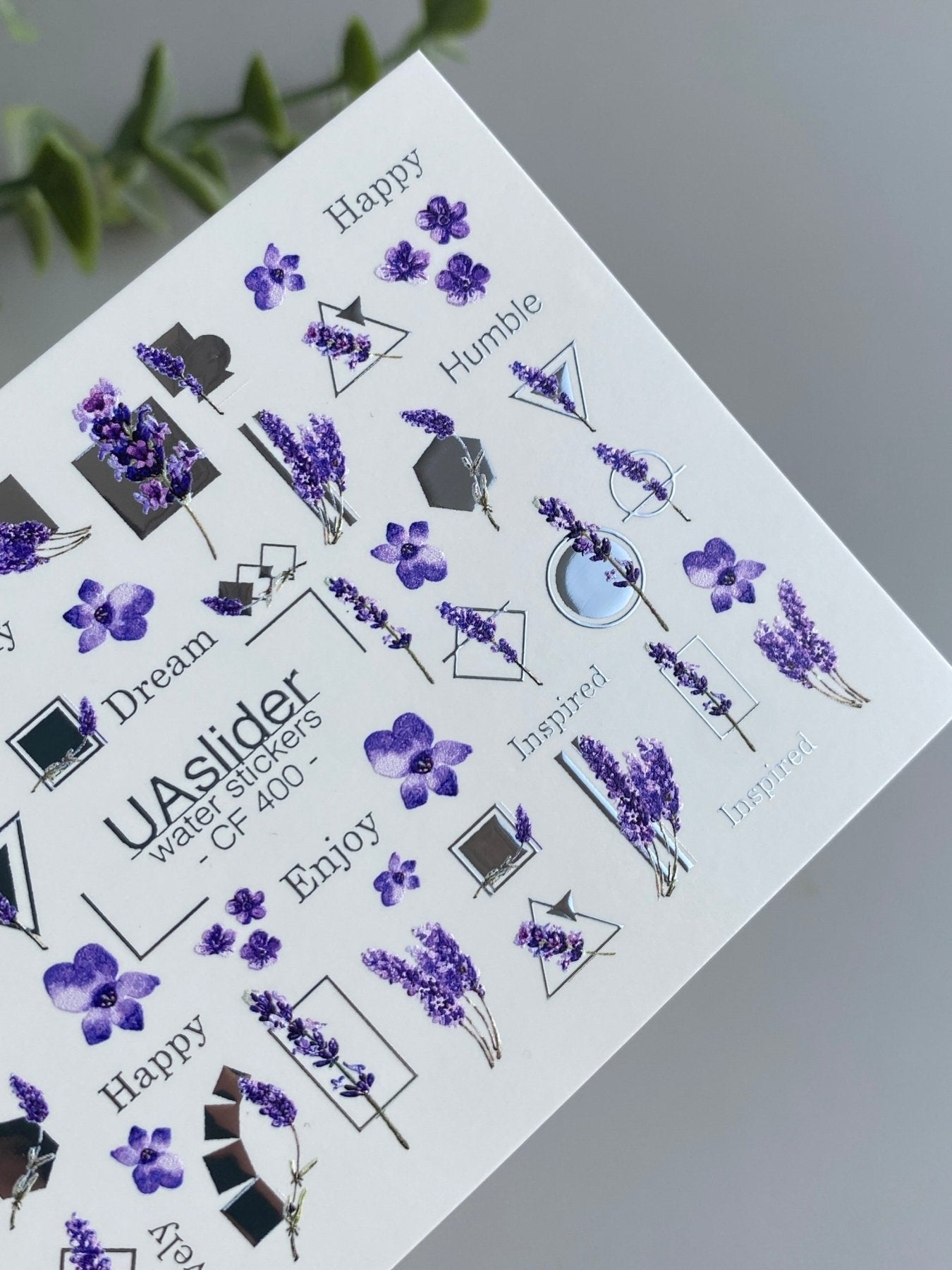 Nail Water Decal CF-400 | Lavender Water Slide Nail Decals | Purple Flowers with Geometric Accents and Lettering - UASLIDER