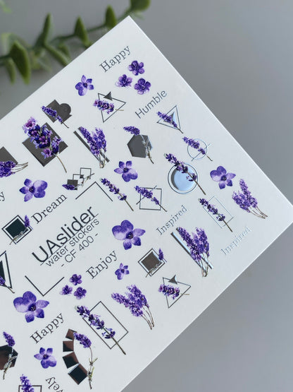Nail Water Decal CF-400 | Lavender Water Slide Nail Decals | Purple Flowers with Geometric Accents and Lettering