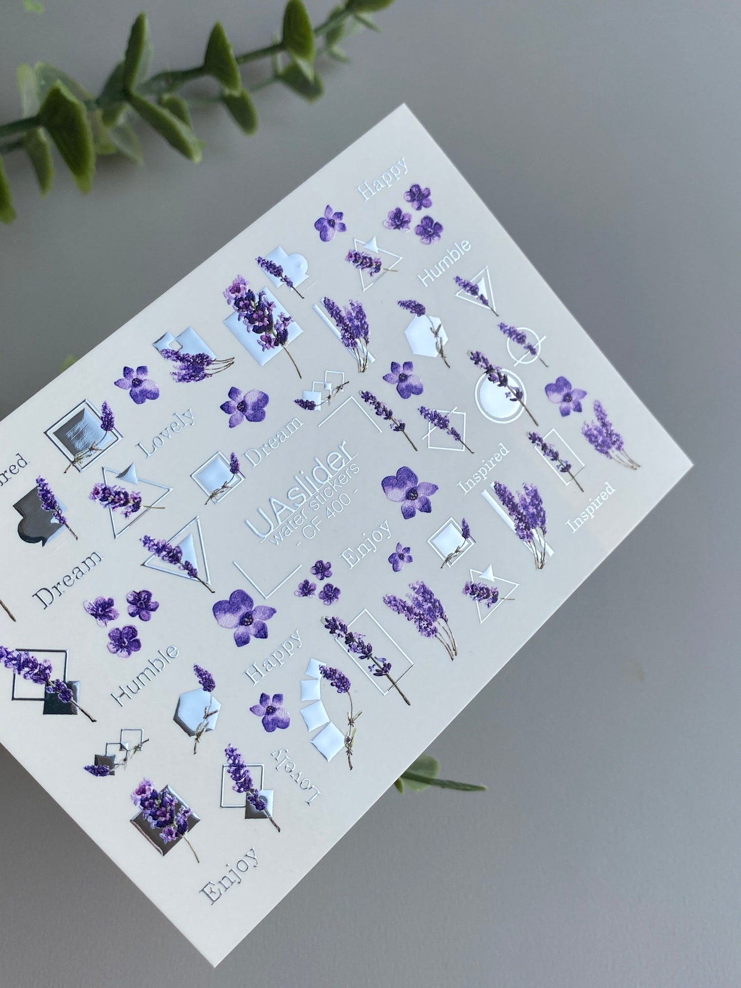 Nail Water Decal CF-400 | Lavender Water Slide Nail Decals | Purple Flowers with Geometric Accents and Lettering