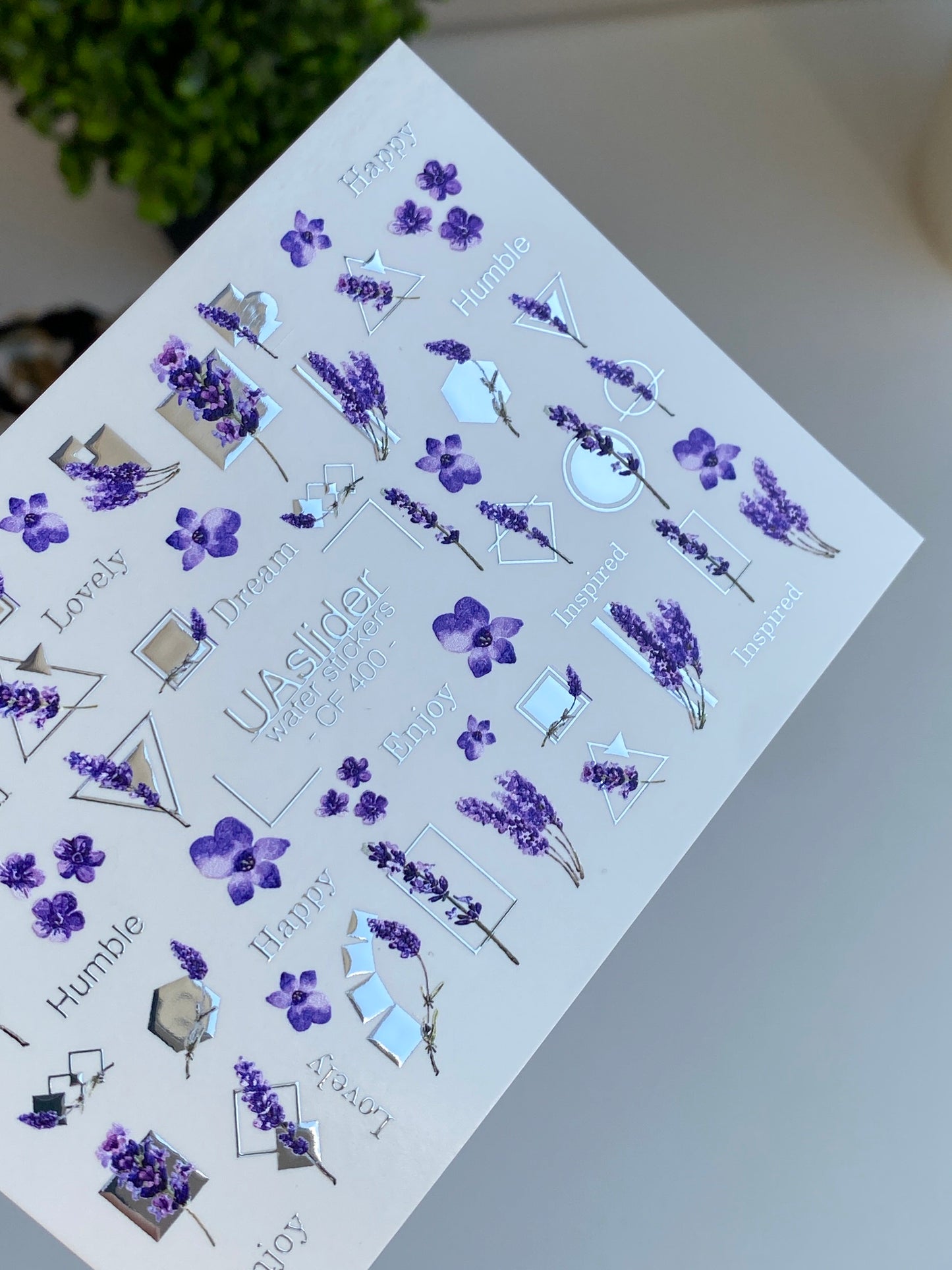 Nail Water Decal CF-400 | Lavender Water Slide Nail Decals | Purple Flowers with Geometric Accents and Lettering