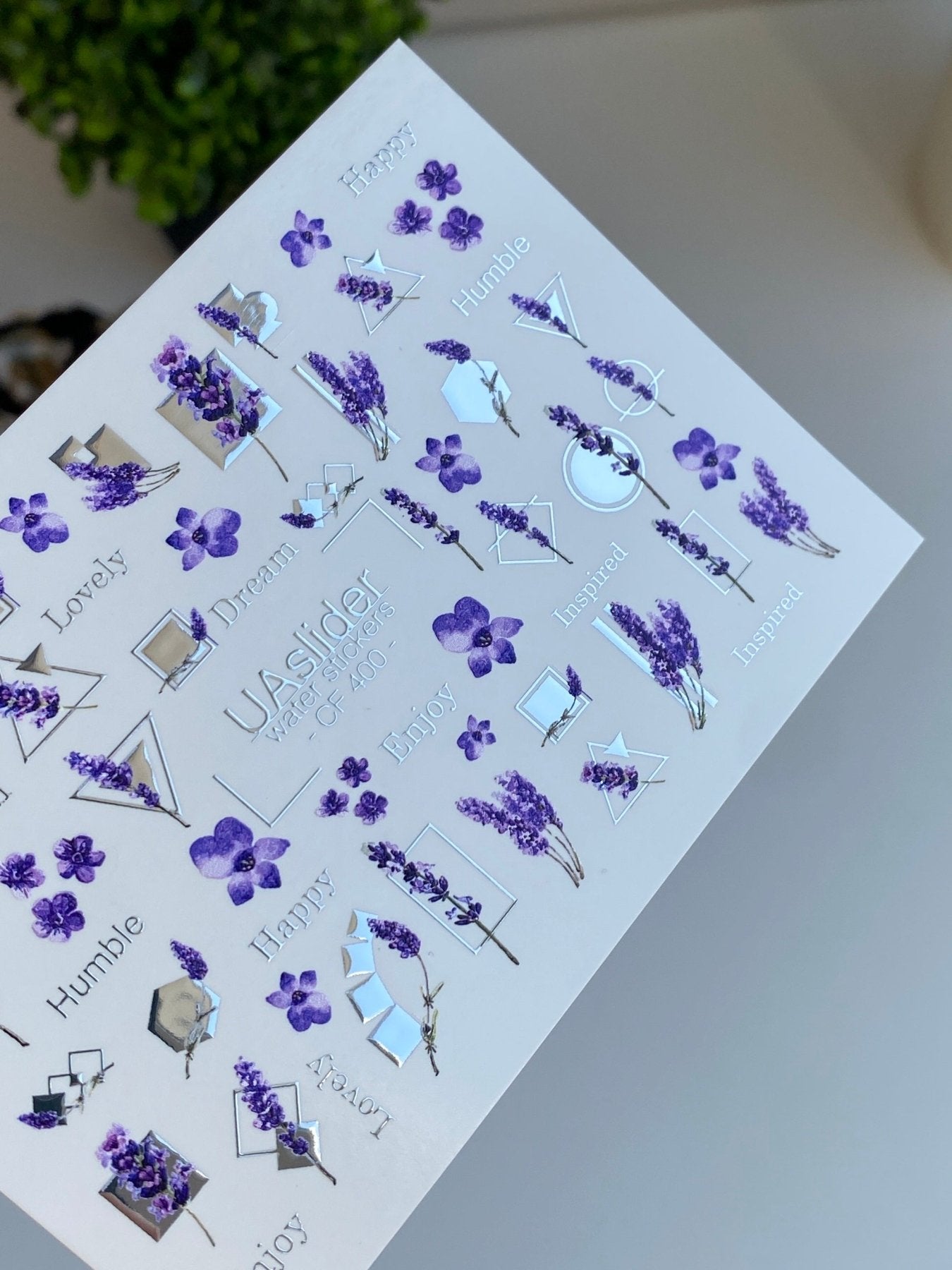 Nail Water Decal CF-400 | Lavender Water Slide Nail Decals | Purple Flowers with Geometric Accents and Lettering - UASLIDER