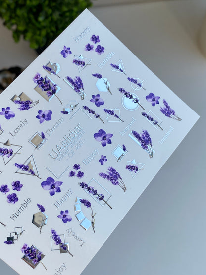Nail Water Decal CF-400 | Lavender Water Slide Nail Decals | Purple Flowers with Geometric Accents and Lettering