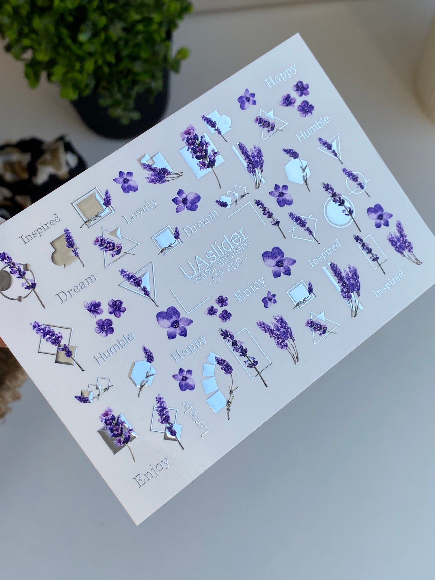 Nail Water Decal CF-400 | Lavender Water Slide Nail Decals | Purple Flowers with Geometric Accents and Lettering