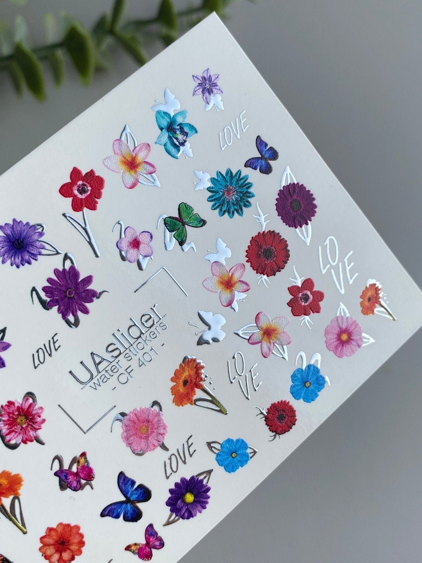 Nail Water Decal CF-401 | Bright Floral Water Slide Nail Decals | Colorful Flowers, Butterflies and Lettering - UASLIDER