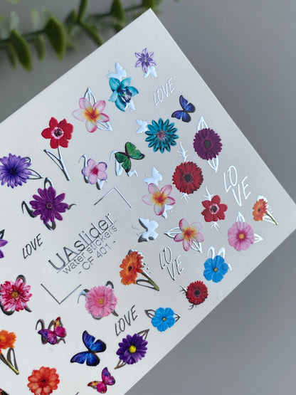 Nail Water Decal CF-401 | Bright Floral Water Slide Nail Decals | Colorful Flowers, Butterflies and Lettering