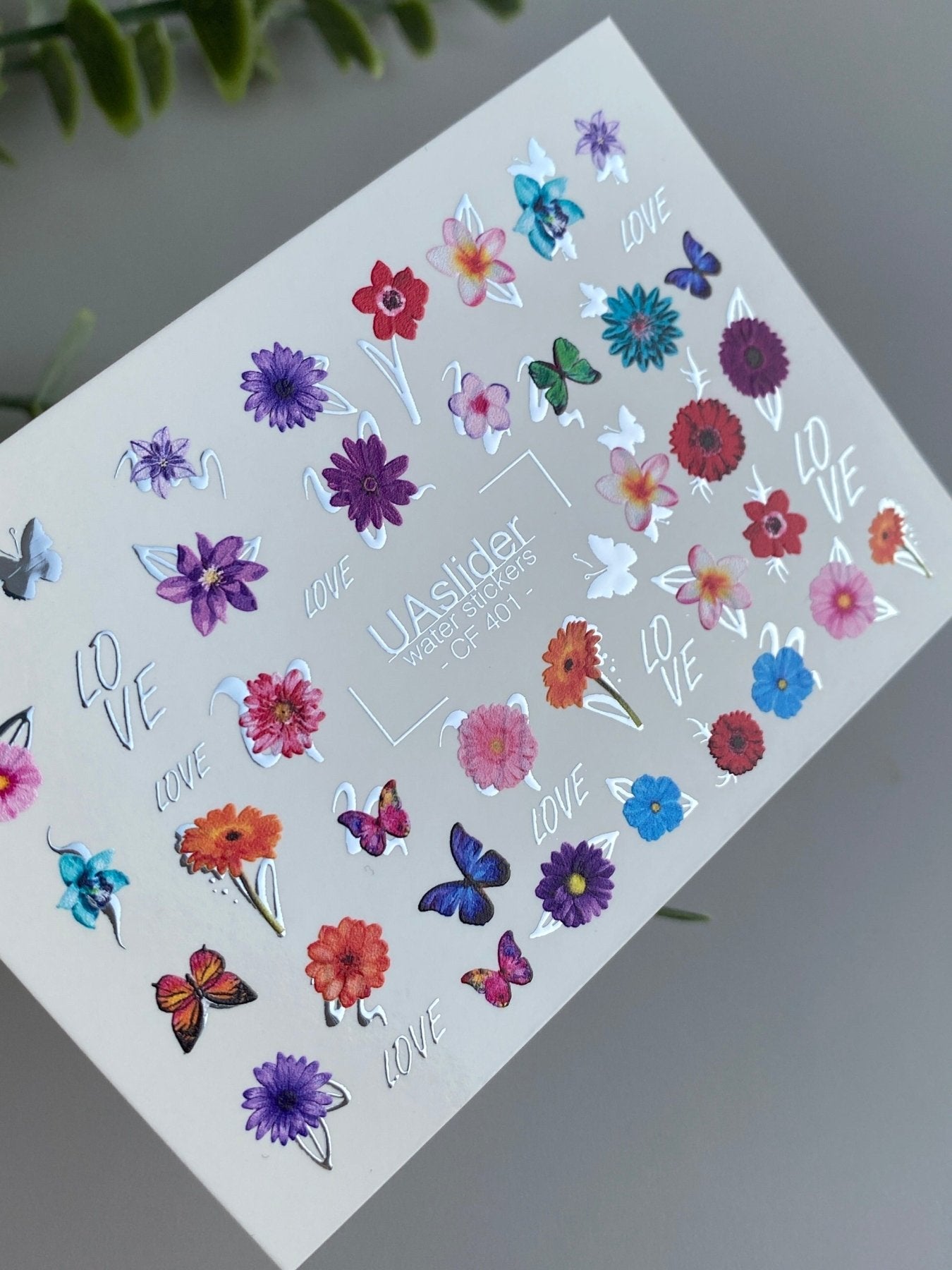 Nail Water Decal CF-401 | Bright Floral Water Slide Nail Decals | Colorful Flowers, Butterflies and Lettering - UASLIDER