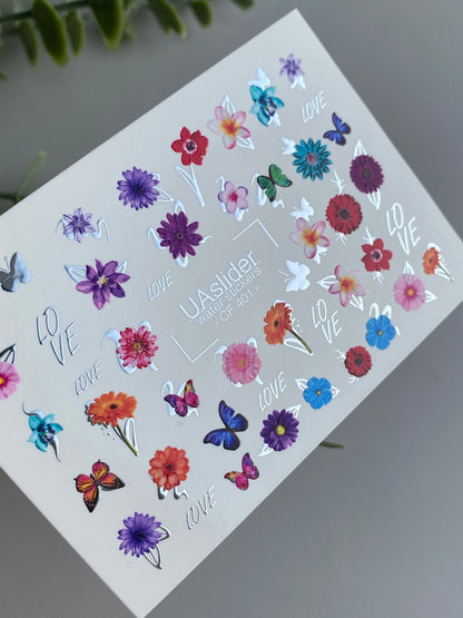 Nail Water Decal CF-401 | Bright Floral Water Slide Nail Decals | Colorful Flowers, Butterflies and Lettering