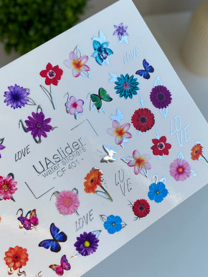 Nail Water Decal CF-401 | Bright Floral Water Slide Nail Decals | Colorful Flowers, Butterflies and Lettering