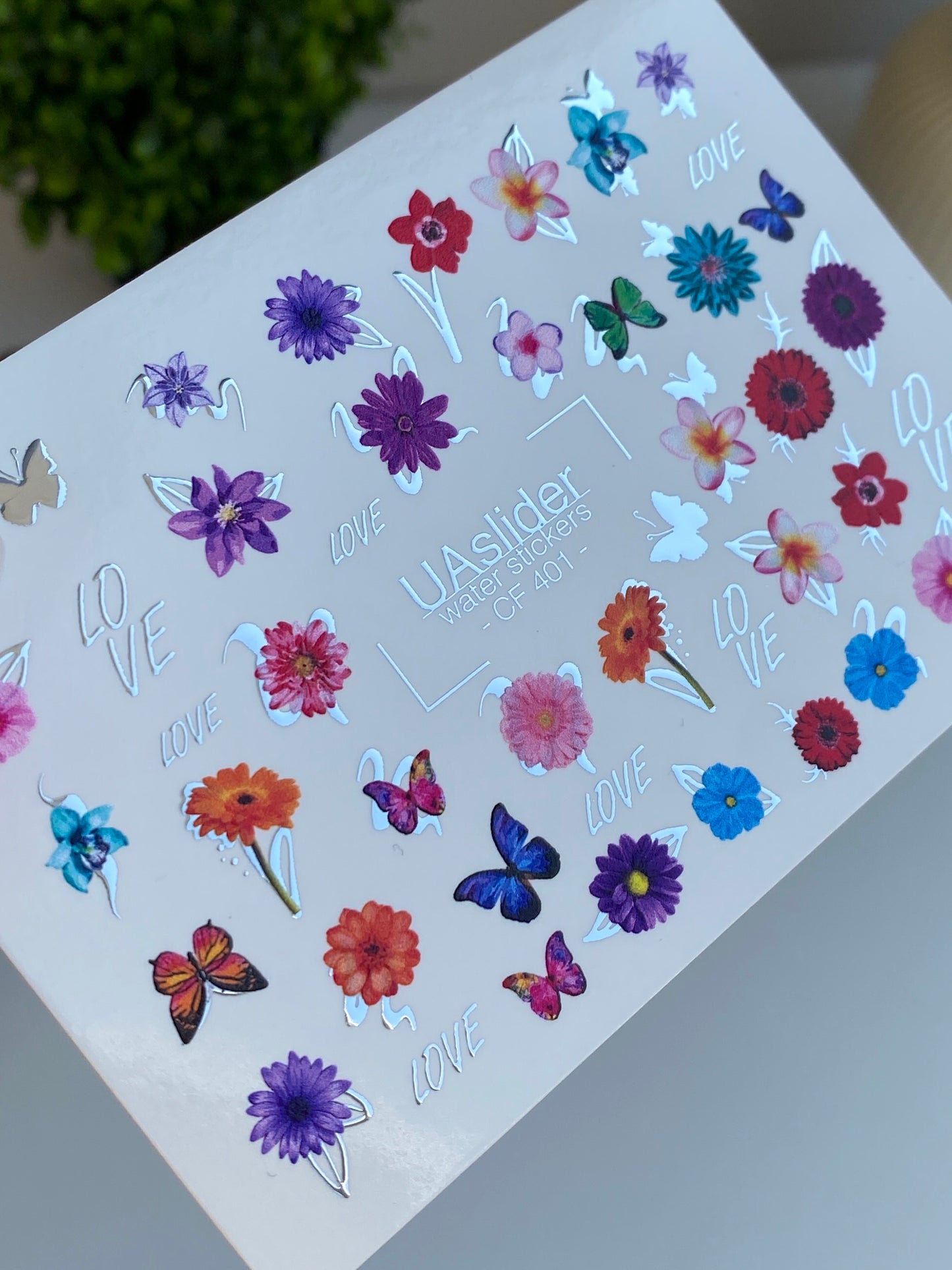 Nail Water Decal CF-401 | Bright Floral Water Slide Nail Decals | Colorful Flowers, Butterflies and Lettering