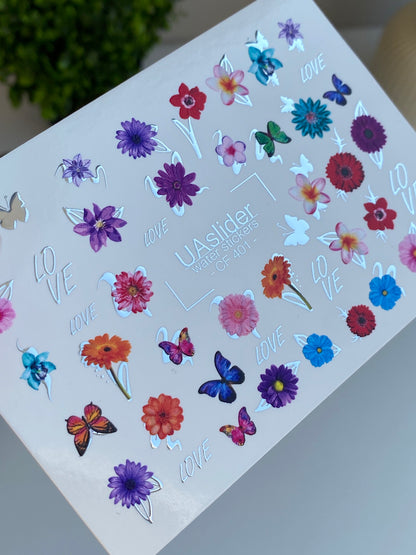 Nail Water Decal CF-401 | Bright Floral Water Slide Nail Decals | Colorful Flowers, Butterflies and Lettering