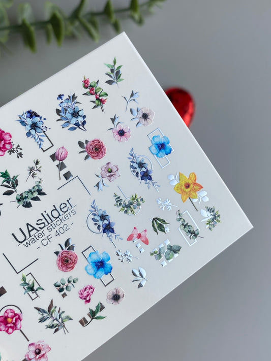 Nail Water Decal CF-402 | Botanical Water Slide Nail Decals | Colorful Flowers with Geometric Accents
