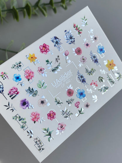 Küünte veekleebis CF-402 | Botaanilised veeslibri küünte kleebised | Värvikad lilled geomeetriliste aktsentidega