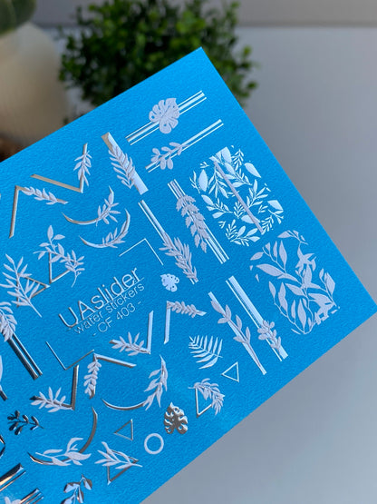 Nail Water Decal CF-403 | White Botanical Water Slide Nail Decals | Leaves, Branches and Geometric Accents