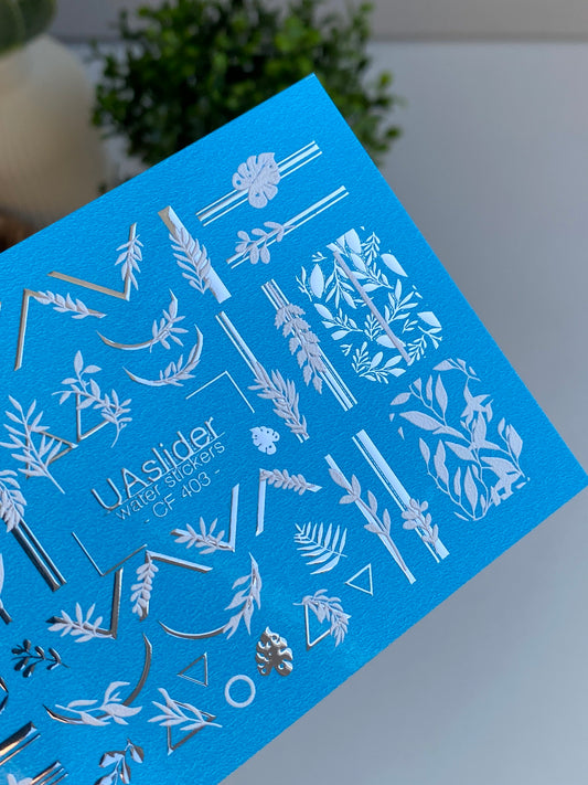 Nail Water Decal CF-403 | White Botanical Water Slide Nail Decals | Leaves, Branches and Geometric Accents