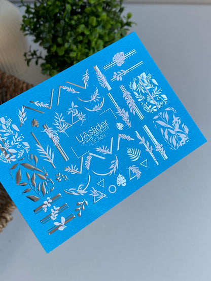 Nail Water Decal CF-403 | White Botanical Water Slide Nail Decals | Leaves, Branches and Geometric Accents