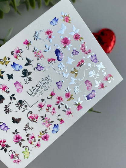 Nail Water Decal CF-404 | Floral & Butterfly Water Slide Nail Decals | Romantic Spring Nail Art