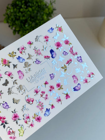 Nail Water Decal CF-404 | Floral & Butterfly Water Slide Nail Decals | Romantic Spring Nail Art