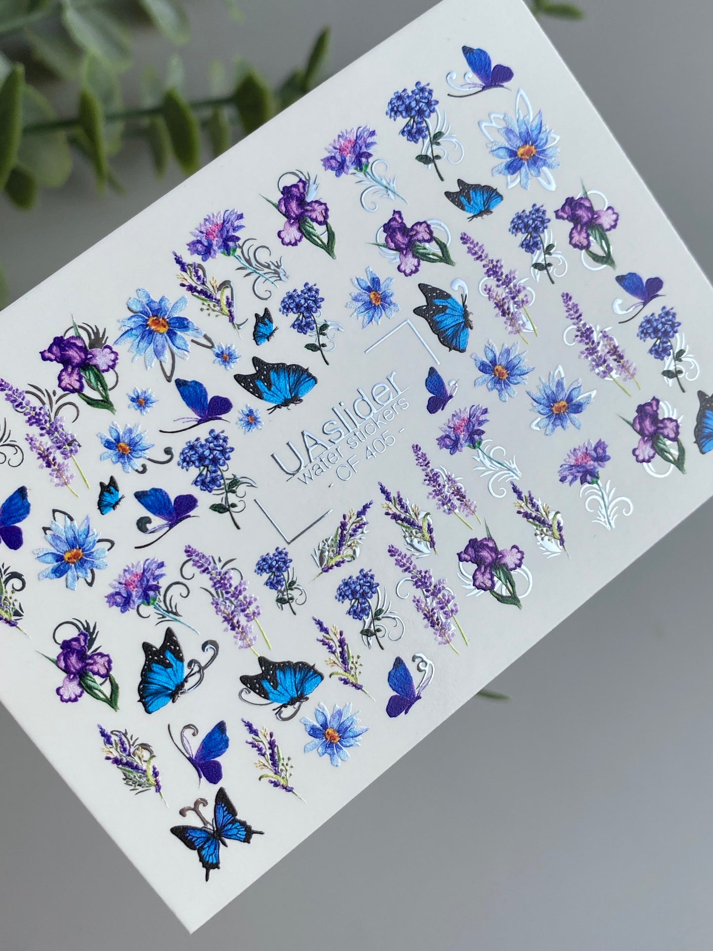 Nálepka na nehty CF-405 | Modrý motýl a květinové vodní obtisky na nehty | Letní zahradní nail art