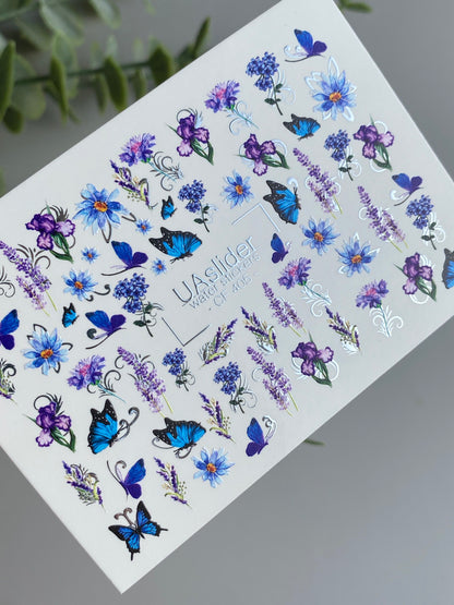 Nálepka na nehty CF-405 | Modrý motýl a květinové vodní obtisky na nehty | Letní zahradní nail art