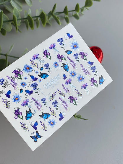 Nálepka na nehty CF-405 | Modrý motýl a květinové vodní obtisky na nehty | Letní zahradní nail art