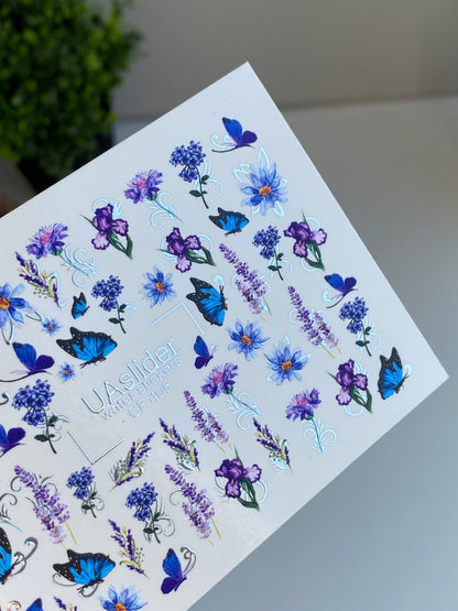 Nálepka na nehty CF-405 | Modrý motýl a květinové vodní obtisky na nehty | Letní zahradní nail art