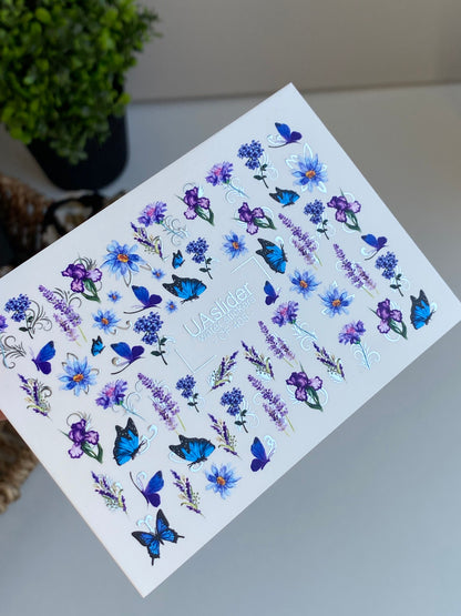 Nálepka na nehty CF-405 | Modrý motýl a květinové vodní obtisky na nehty | Letní zahradní nail art