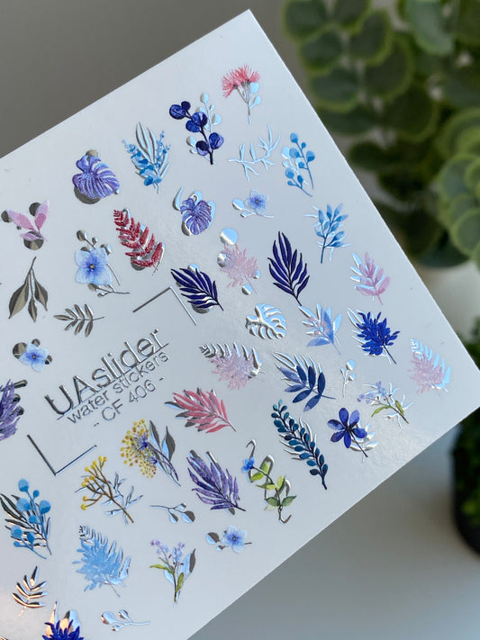 Nail Water Decal CF-406 | Botanical Leaves & Floral Water Slide Nail Decals | Elegant Plant Nail Art