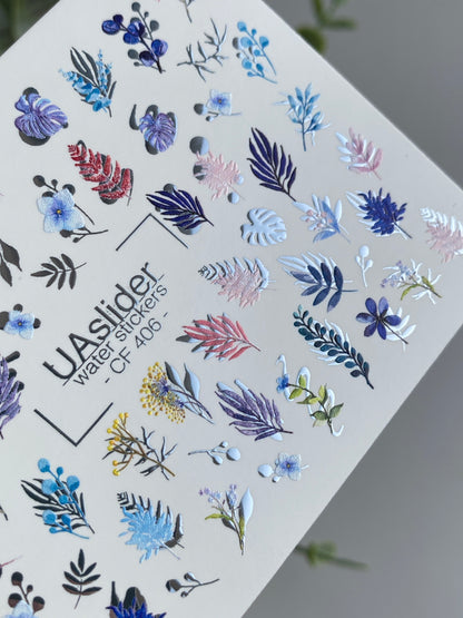 Nail Water Decal CF-406 | Botanical Leaves & Floral Water Slide Nail Decals | Elegant Plant Nail Art