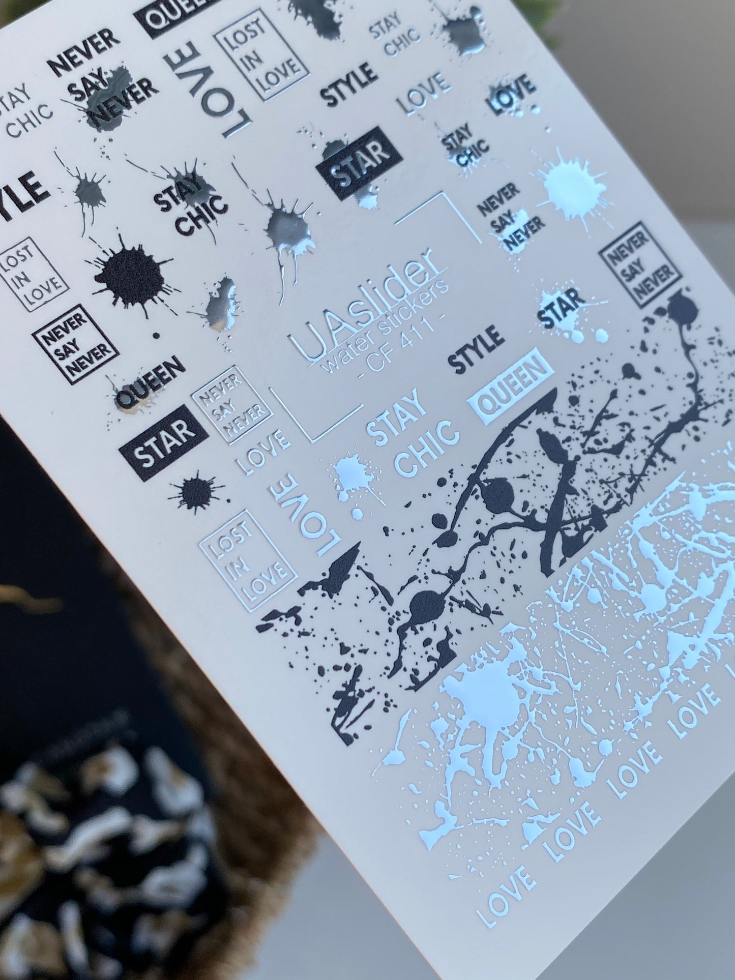 Nail Water Decal CF-411 | Abstract Paint Splashes & Quotes Water Slide Nail Decals | Urban Chic Nail Art