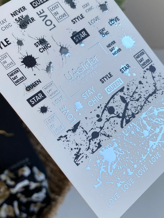 Nail Water Decal CF-411 | Abstract Paint Splashes & Quotes Water Slide Nail Decals | Urban Chic Nail Art