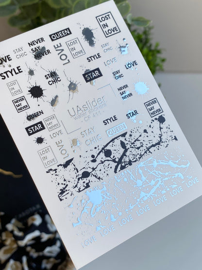 Nail Water Decal CF-411 | Abstract Paint Splashes & Quotes Water Slide Nail Decals | Urban Chic Nail Art