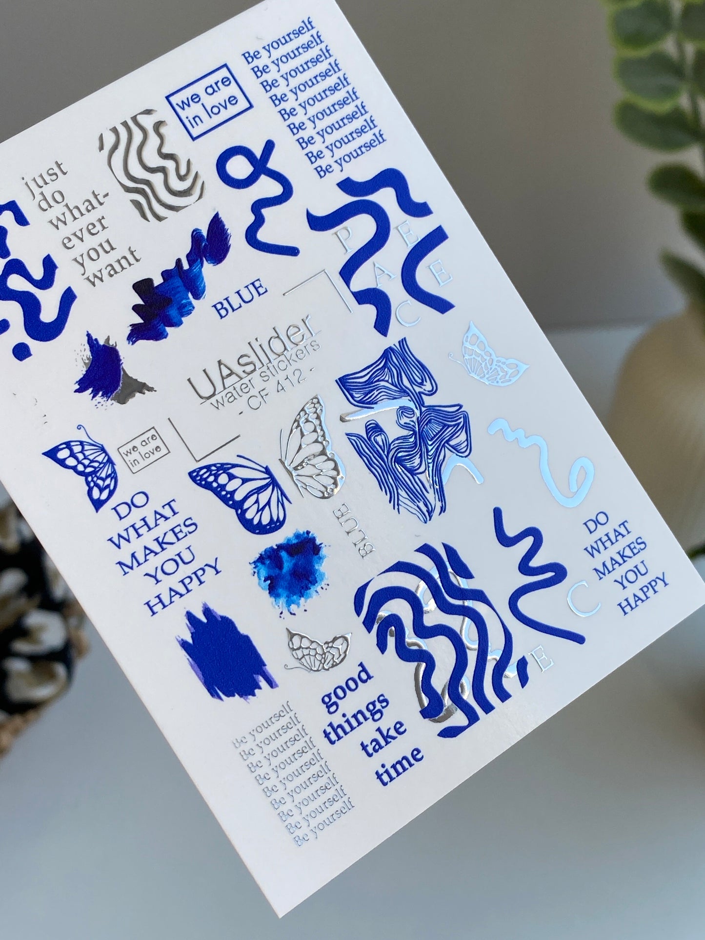 Nail Water Decal CF-412 | Blue Abstract & Butterfly Water Slide Nail Decals | Motivational Quotes Nail Art