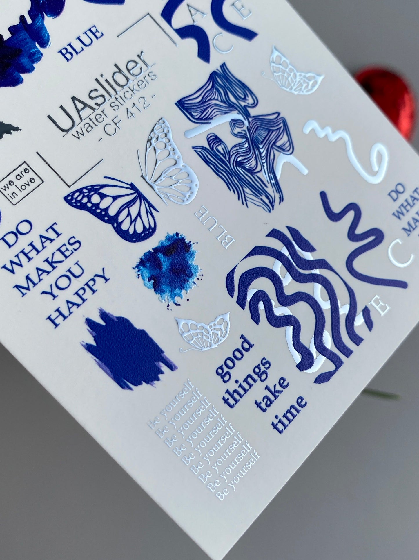 Nail Water Decal CF-412 | Blue Abstract & Butterfly Water Slide Nail Decals | Motivational Quotes Nail Art