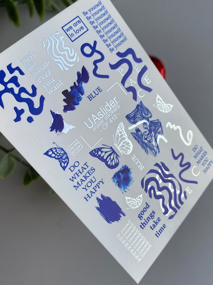 Nail Water Decal CF-412 | Blue Abstract & Butterfly Water Slide Nail Decals | Motivational Quotes Nail Art