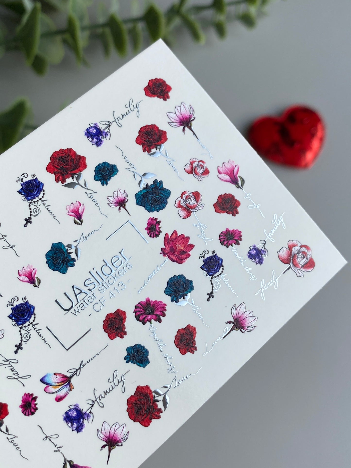 ネイルウォーターデカール CF-413 | ロマンチックな花柄ウォータースライドネイルデカール | バラ、モクレン、カリグラフィー