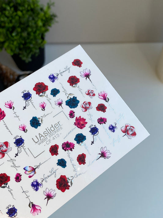 Nail Water Decal CF-413 | Romantic Floral Water Slide Nail Decals | Roses, Magnolias & Calligraphy