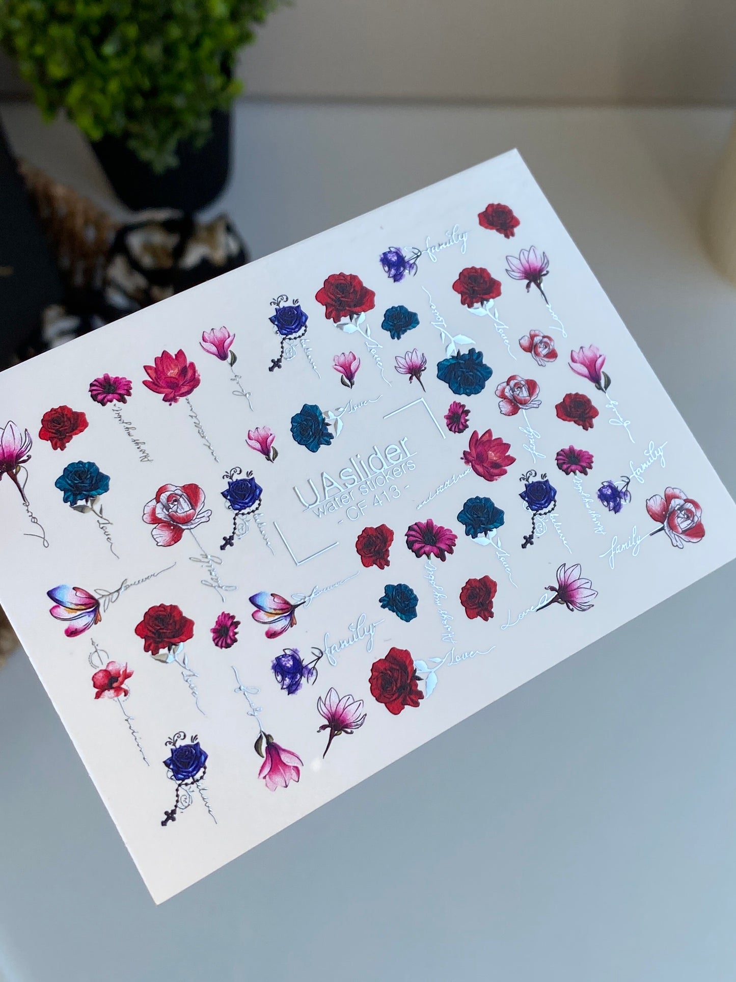 ネイルウォーターデカール CF-413 | ロマンチックな花柄ウォータースライドネイルデカール | バラ、モクレン、カリグラフィー