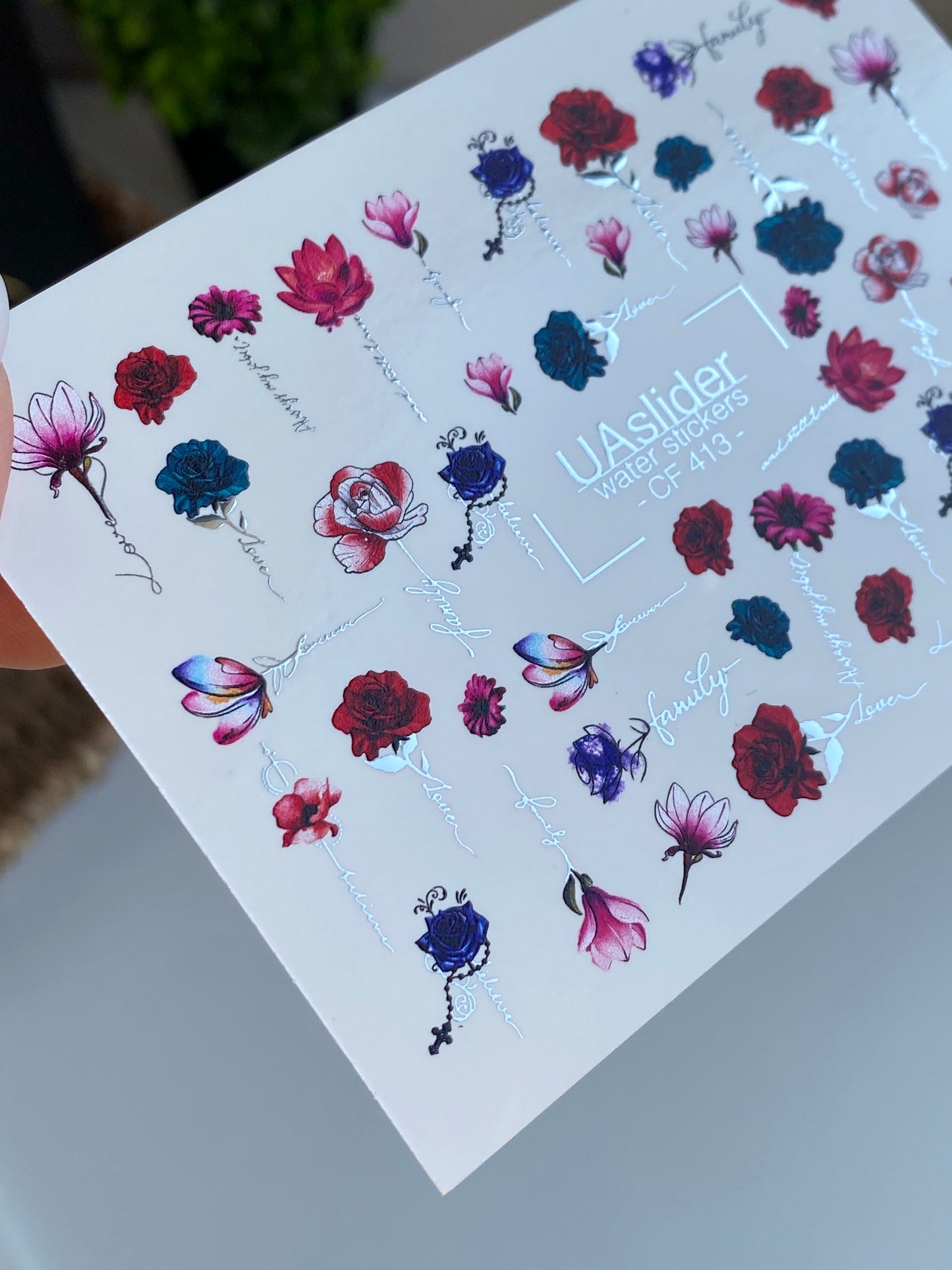 ネイルウォーターデカール CF-413 | ロマンチックな花柄ウォータースライドネイルデカール | バラ、モクレン、カリグラフィー