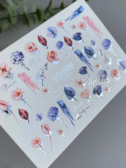 Nail Water Decal CF-414 | Watercolor Floral Water Slide Nail Decals | Roses, Orchids & Romantic Quotes