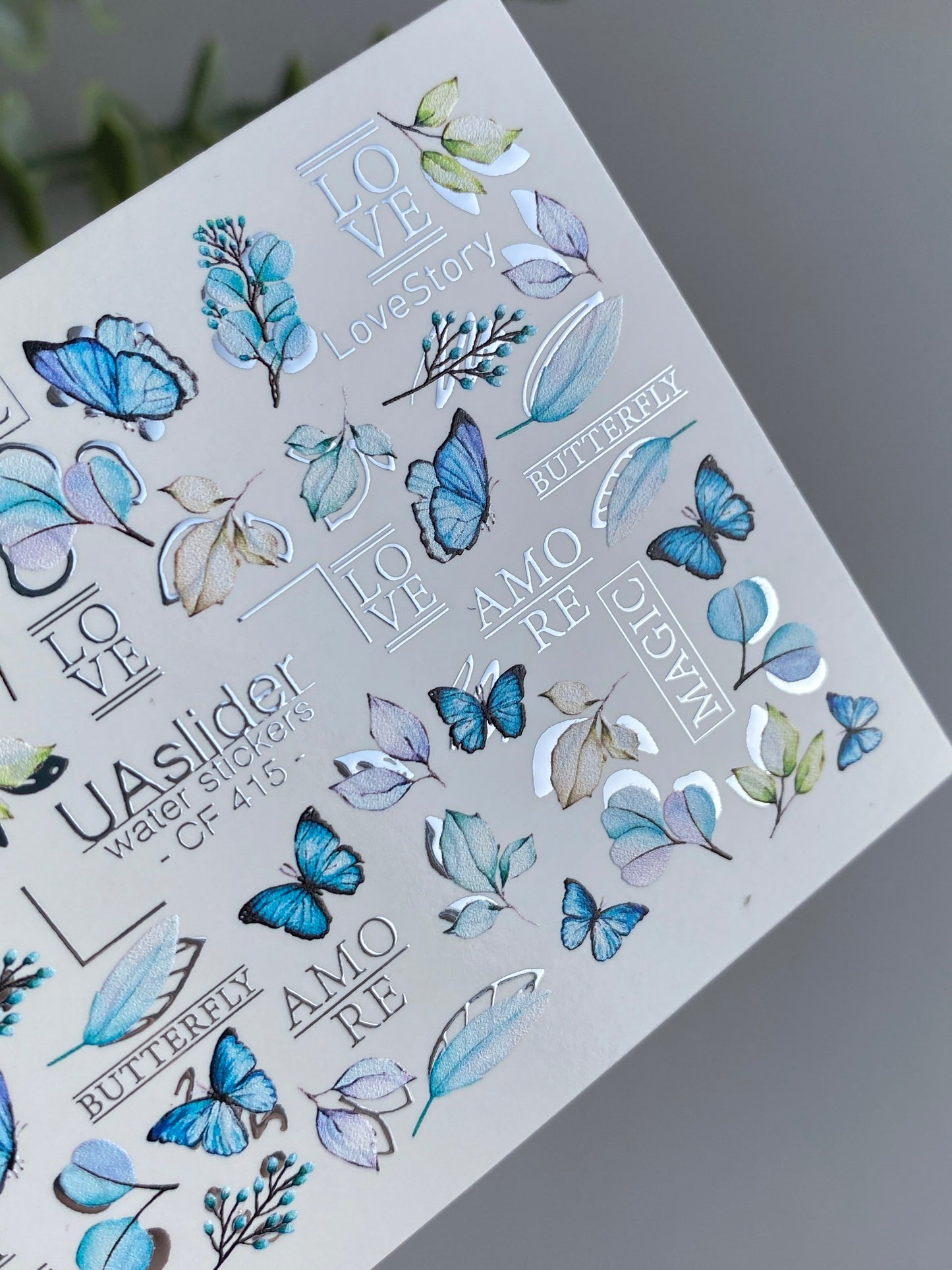 Nail Water Decal CF-415 | Blue Butterflies & Botanical Water Slide Nail Decals | Romantic Love Story Nail Art