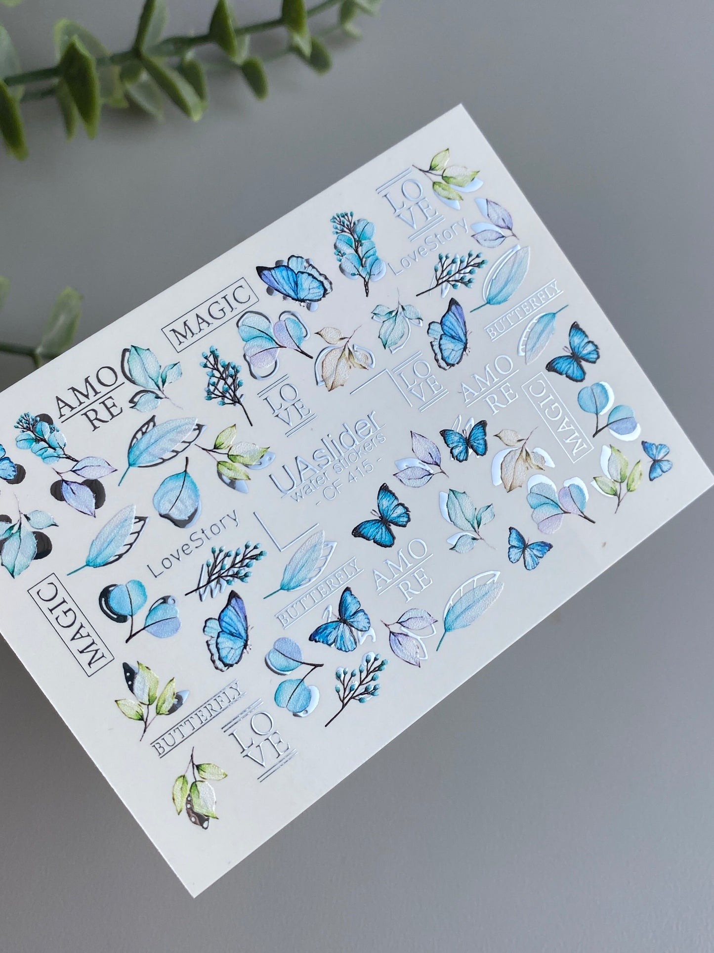 Nail Water Decal CF-415 | Blue Butterflies & Botanical Water Slide Nail Decals | Romantic Love Story Nail Art