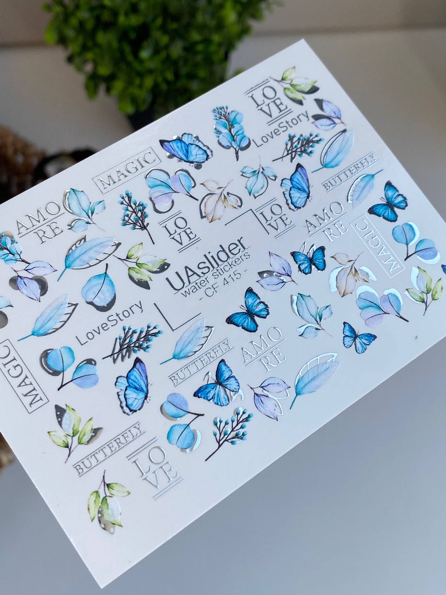 Nail Water Decal CF-415 | Blue Butterflies & Botanical Water Slide Nail Decals | Romantic Love Story Nail Art